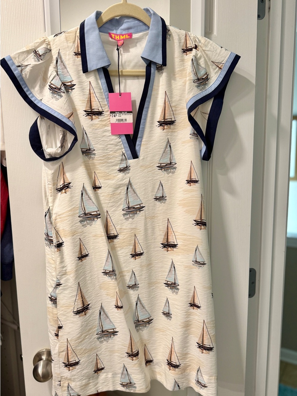 Dockside Print Dress in Cream with Navy trim size XS - Picture 2 of 2
